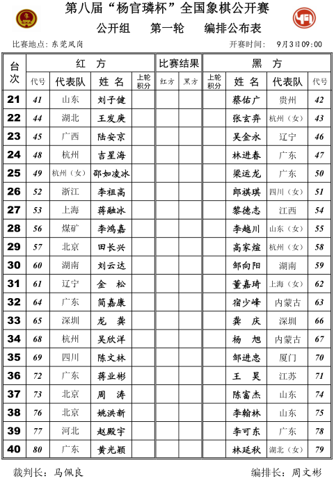 公开组第一轮对阵表