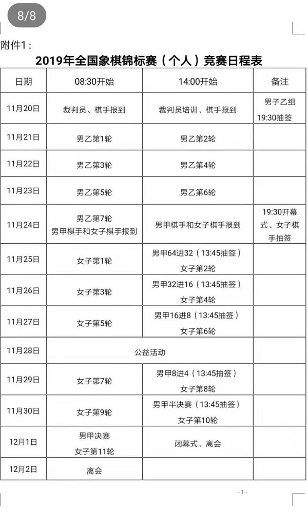 2019年全国象棋个人赛甲组比赛时间表